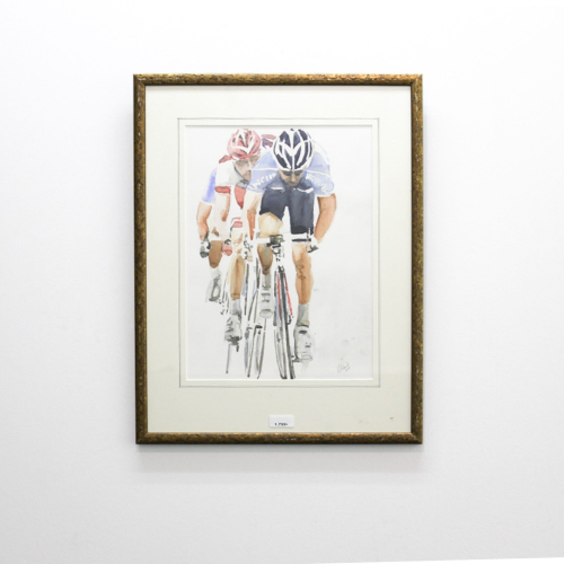 SIGNED WATERCOLOR DEPICTING CYCLING 37 x 27 cm.