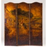 A three-panel folding screen  Painted leather depicting landscapes and figures  England, 19th/20th c