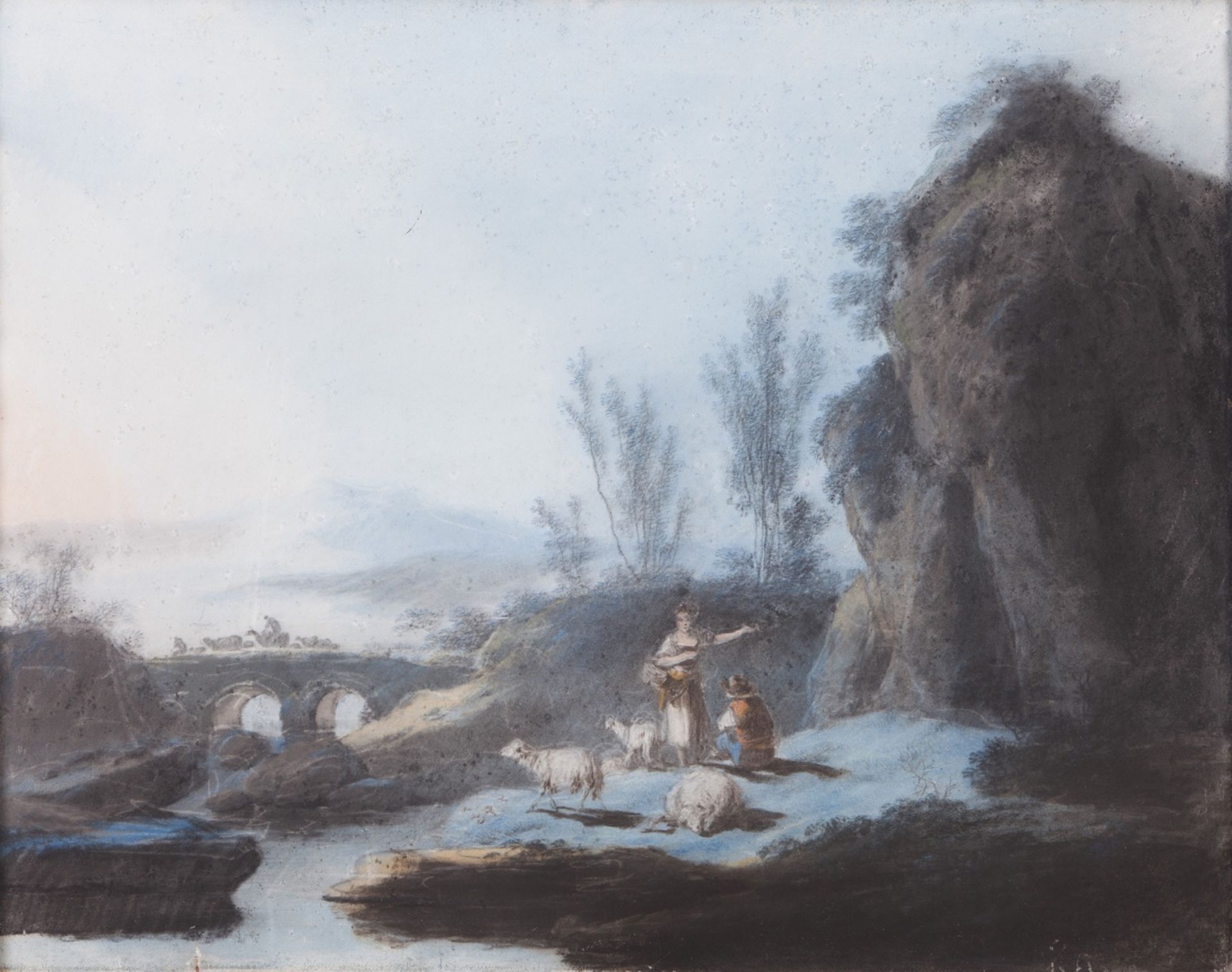 Jean Pillement (1728-1808)  Riverscapes with figures and animals  Pair of pastel on paper, both laid