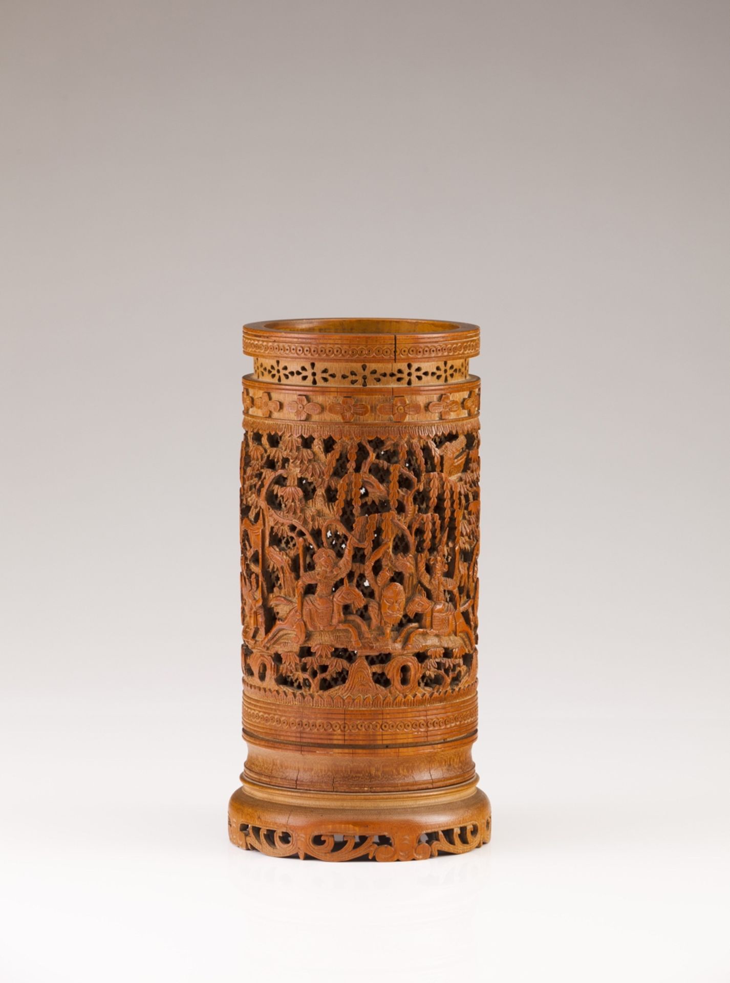 A 19th century Chinese bamboo jar  Carved bamboo depicting landscapes with warriors  China, 19th