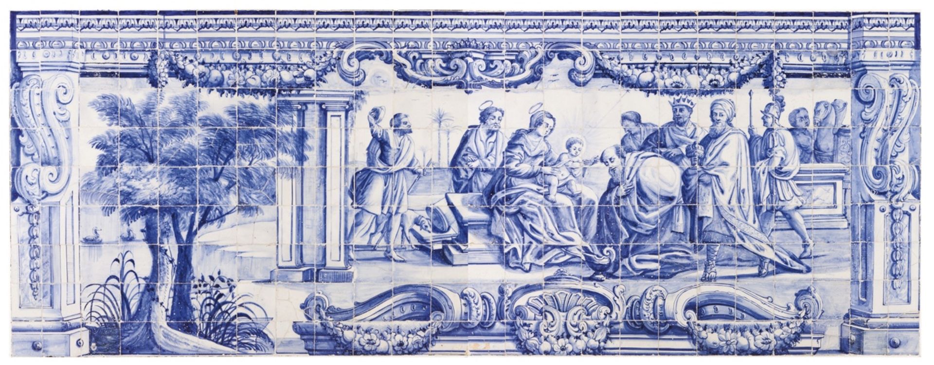 Adoration of the Magi   An 18th century Portuguese tile panel  Decoration in blue  Portugal, 1st