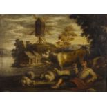 Dutch School of the 18th century  Landscape with mill, shepherd and animals  Oil on panel