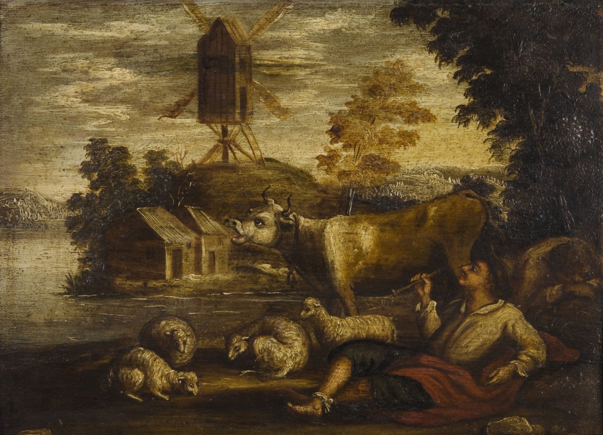 Dutch School of the 18th century  Landscape with mill, shepherd and animals  Oil on panel