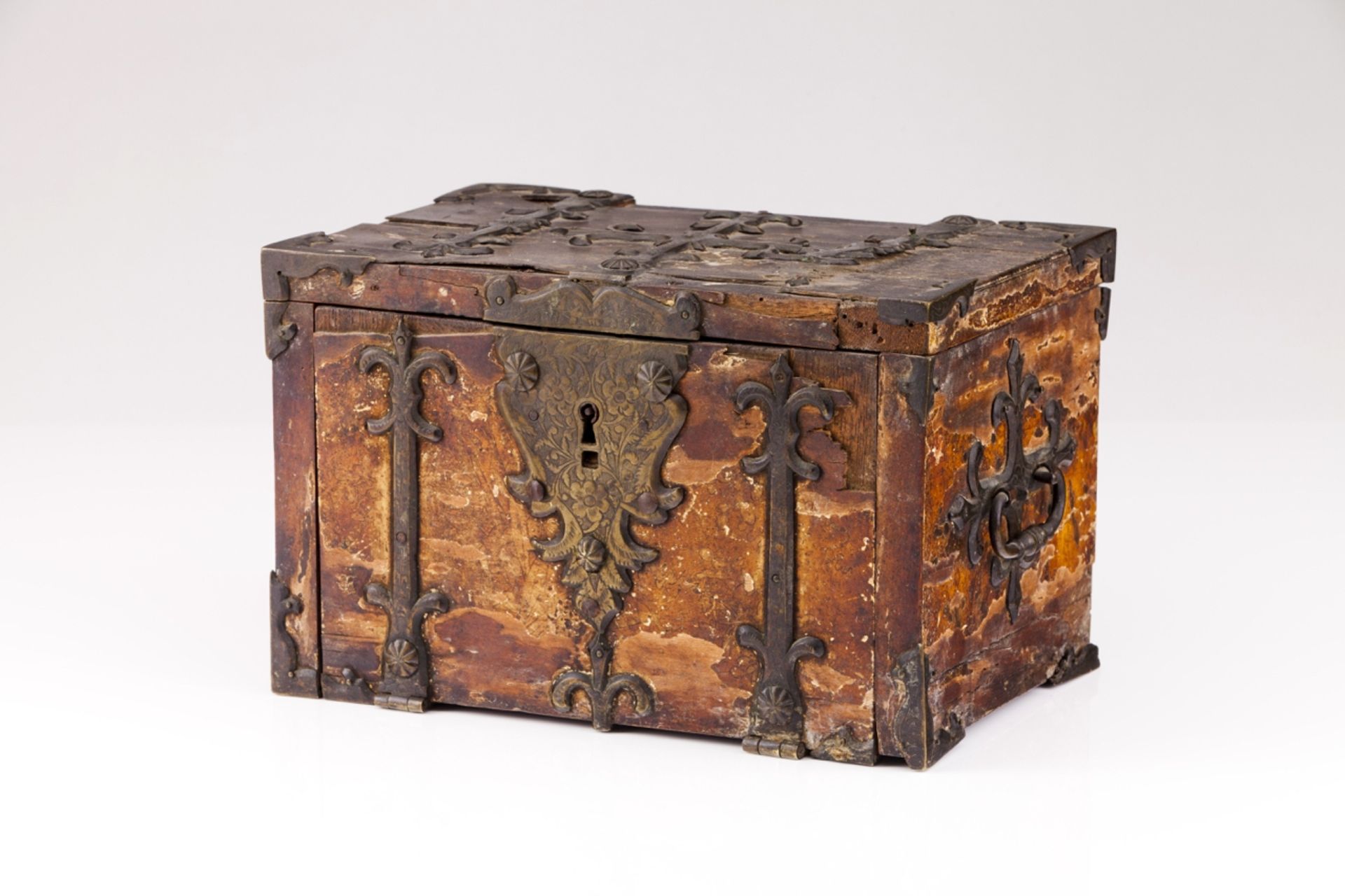 An 18th century French coffer  Painted wood and bronze mounts   Decoration representing floral