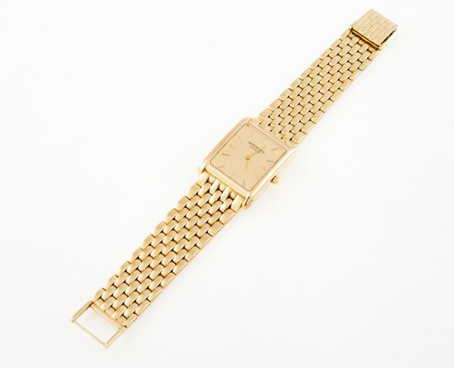 A gold wristwatch, RAYMOND WEIL  Gold case and bracelet  Rectangular case, marked and numbered