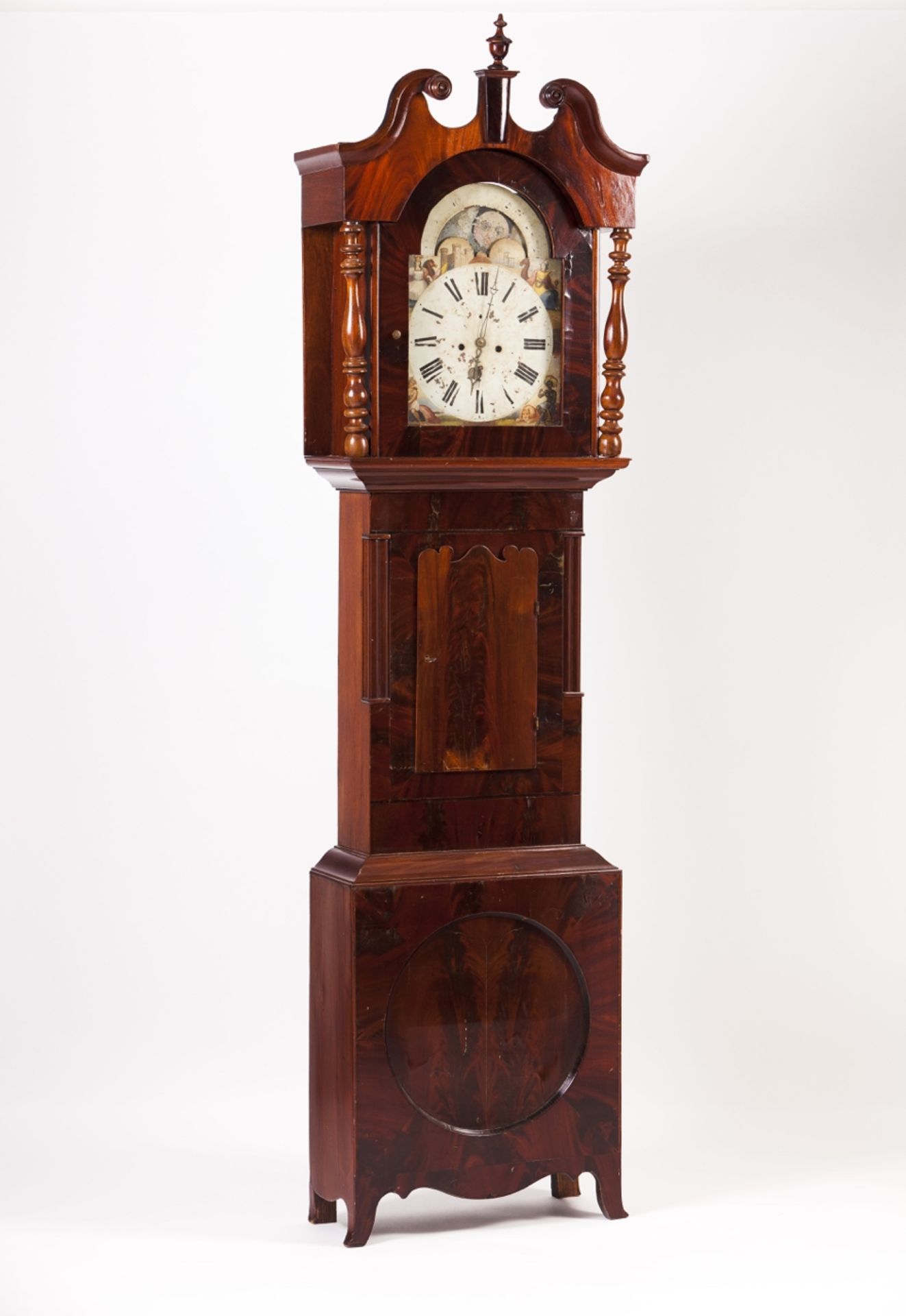 A 19th century Mahogany and Burr-Mahogany longcase clock  Painted iron dial with moon phase