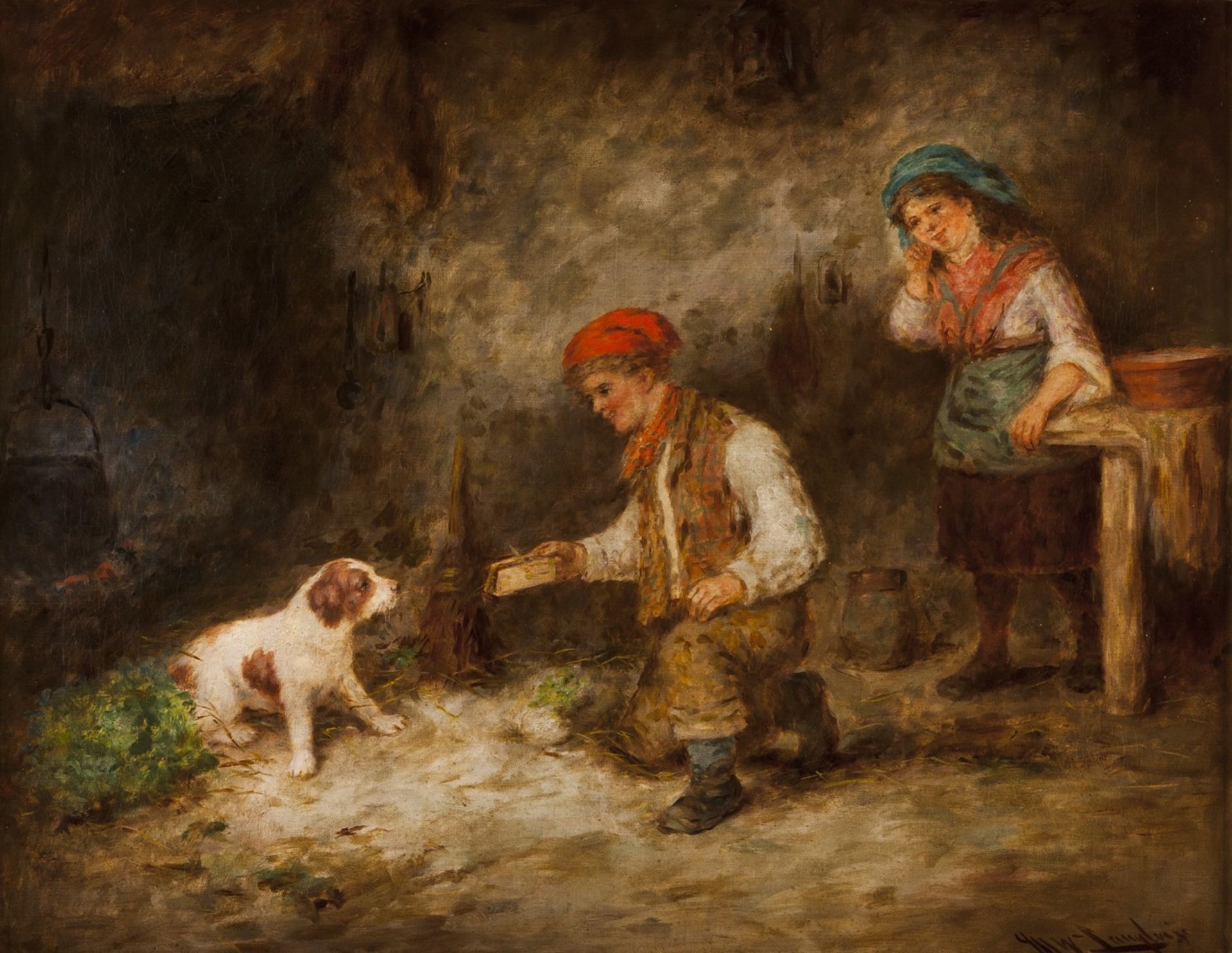 Mark William Langlois (England, 1848-1924)  Children with dog  Oil on canvas  Signed    41x52 cm