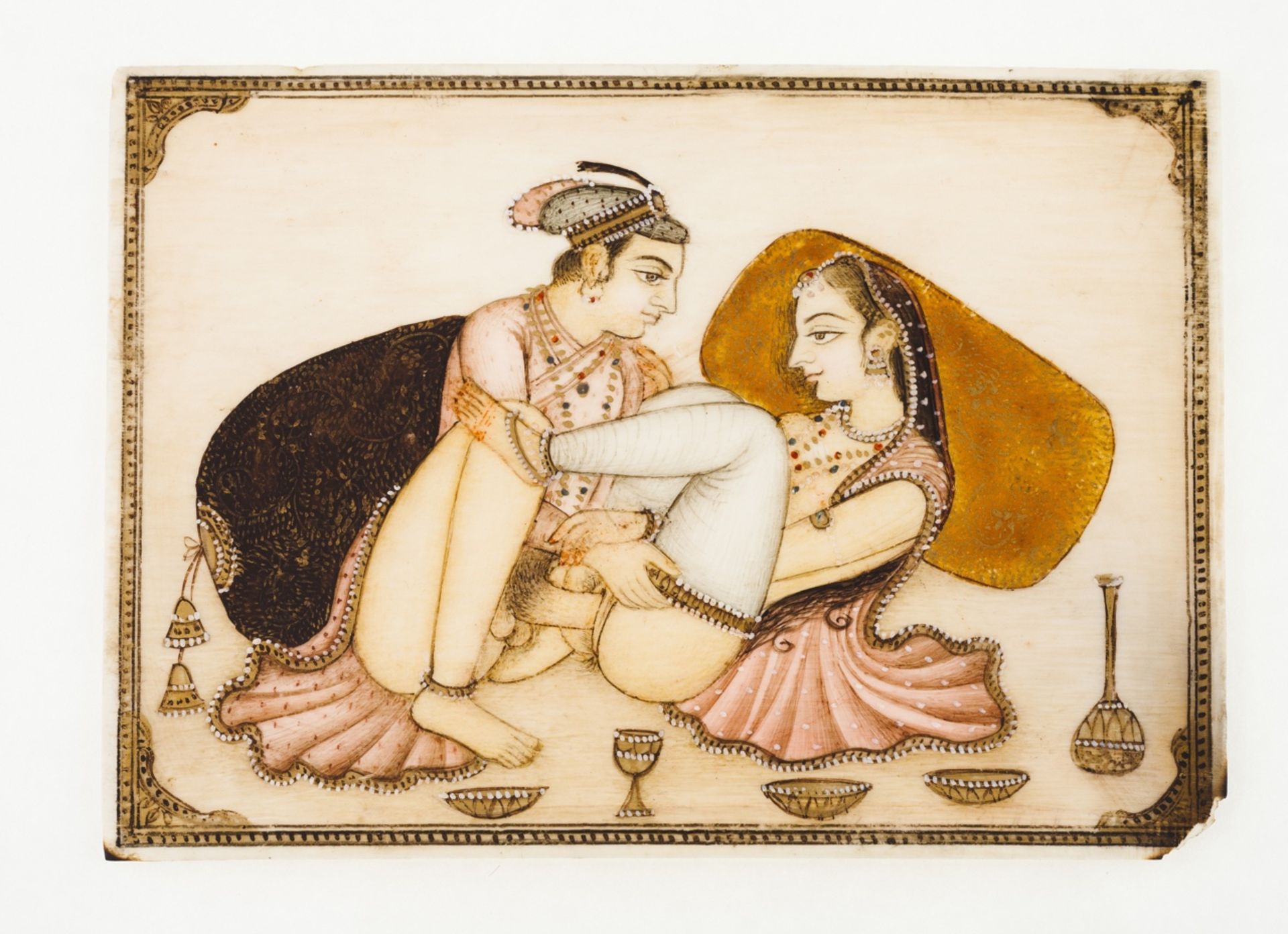 Erotic scene  Painted on ivory plaque  India, 19th century    7x10 cm