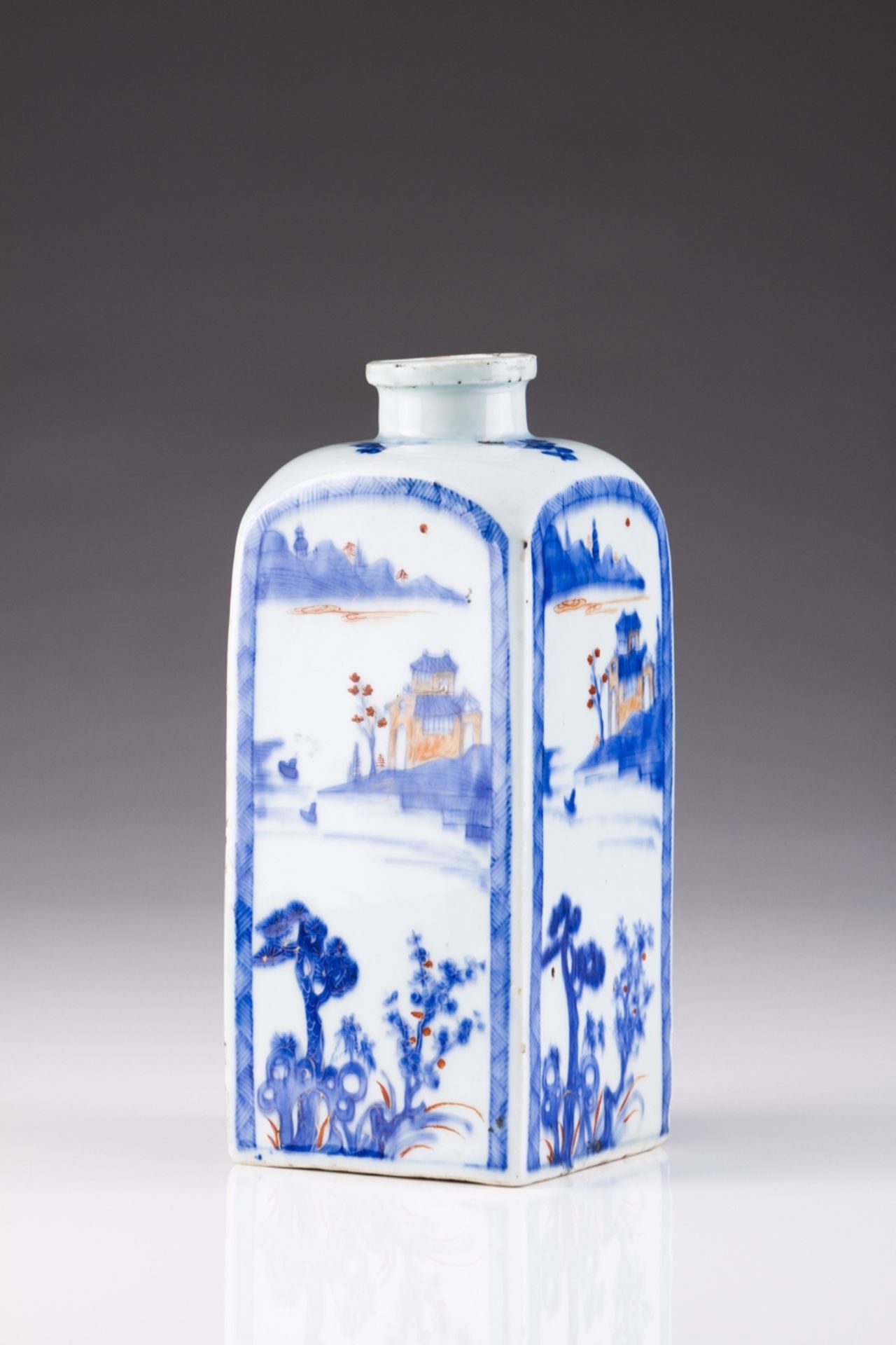 A Kangxi bottle
Chinese porcelain
Imari decoration depicting riverscape and pagoda
Kangxi Period (