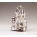 A silver-plated cruet stand
Relief and pierced decoration
Cut-glass cruets
Marked
(wear signs, minor