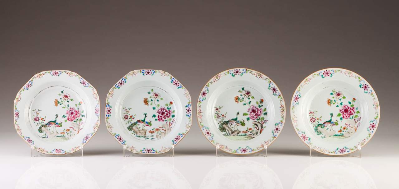 A pair of soup plates
Chinese export porcelain
Polychrome decoration with peacocks and flowers