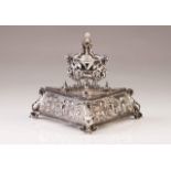 A Romantic silver inkstand
In the renaissance manner
Zoomorphic feet suggesting winged fishes, the