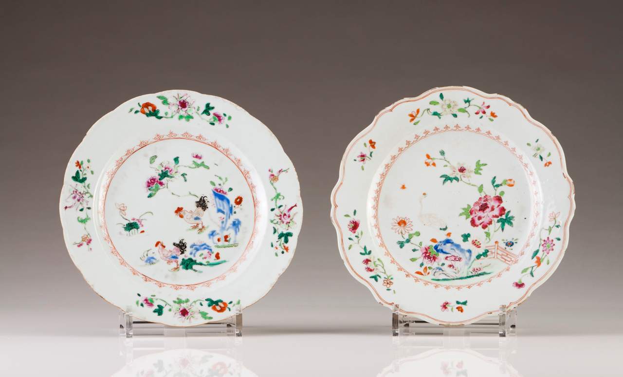 Two scalloped plates
Chinese export porcelain
Polychrome decoration, one depicting rosters and