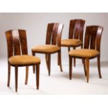 A set of four Art Deco chairs
Burr-olivewood veneered 
Upholstered seats
Europe, 20th century