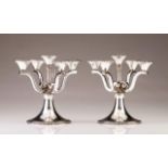 A pair of Portuguese silver Modernist five-light candelabra
Base decorated with beaded frieze,