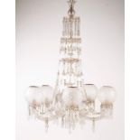A five-light chandelier
Cut-glass and frosted glass shades
20th century
(two broken shades)

Height: