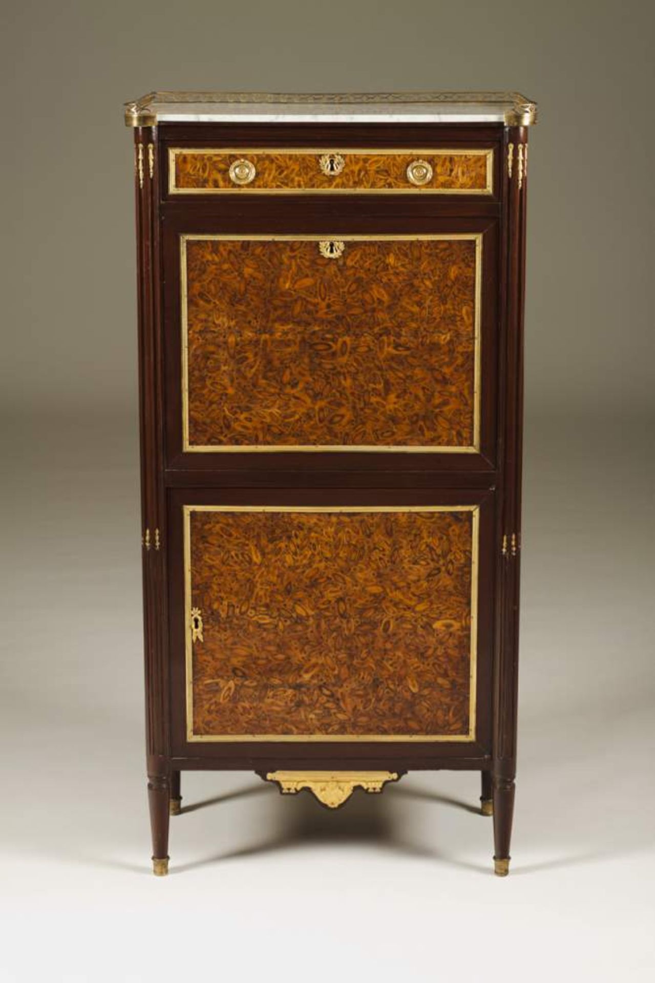 A Louis XVI ormolu-mounted thuja-burr secretaire à abattant, c. 1785   Interior with two drawers and