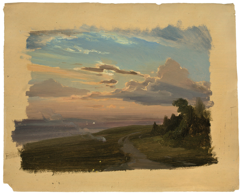 Carl Hummel (1821 – Weimar – 1907)LANDSCHAFT BEI WEIMAR MIT KARTOFFELFEUER (STUDIE). Öl auf Papier.