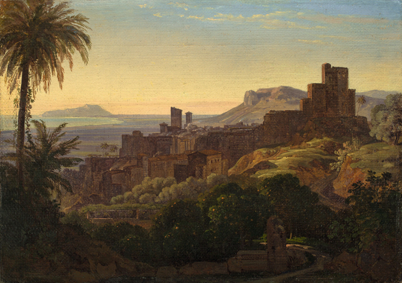 Deutsch, um 1830 ()BLICK AUF TERRACINA. Öl auf Leinwand, auf Pappe aufgezogen.  22,5 x 32 cm ( 8 ? x