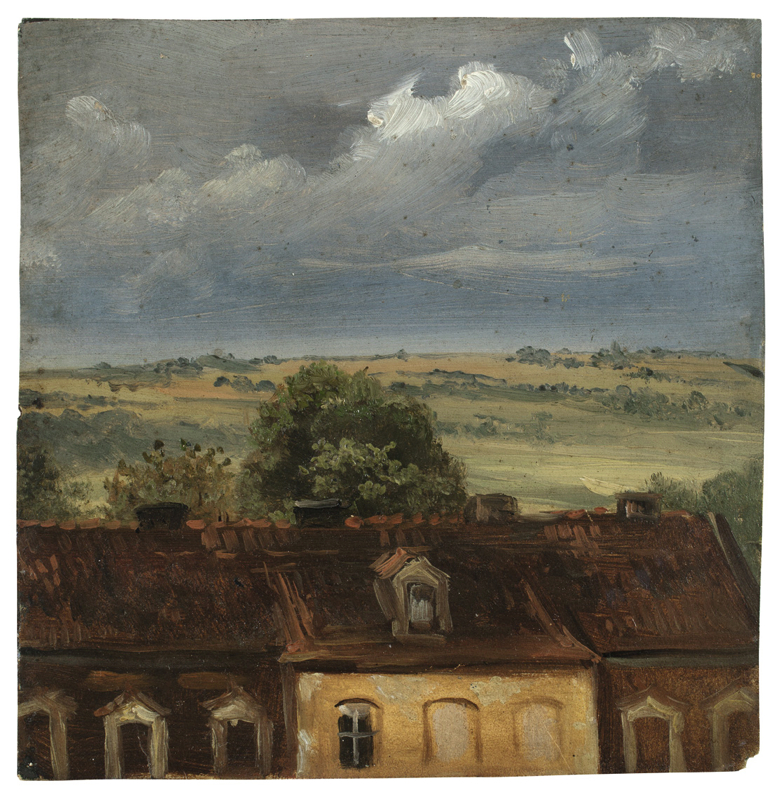 Dresden, um 1830 ()  BLICK AUS DEM FENSTER.   Öl auf Pappe.  13 x 12,8 cm ( 5 ? x 5 in.).