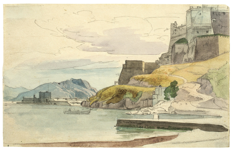 Ernst Fries (Heidelberg 1801 – 1833 Karlsruhe)KASTELL AM MEER. Aquarell und Gouache über Bleistift