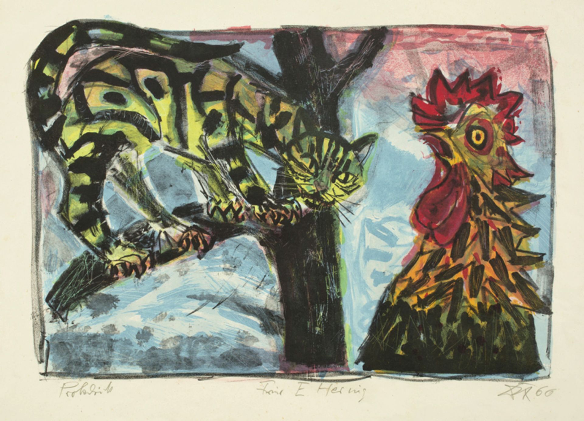 Otto Dix (Gera-Untermhaus 1891 – 1969 Singen)„KATZE UND HAHN“. 1966Farblithographie auf van Gelder-