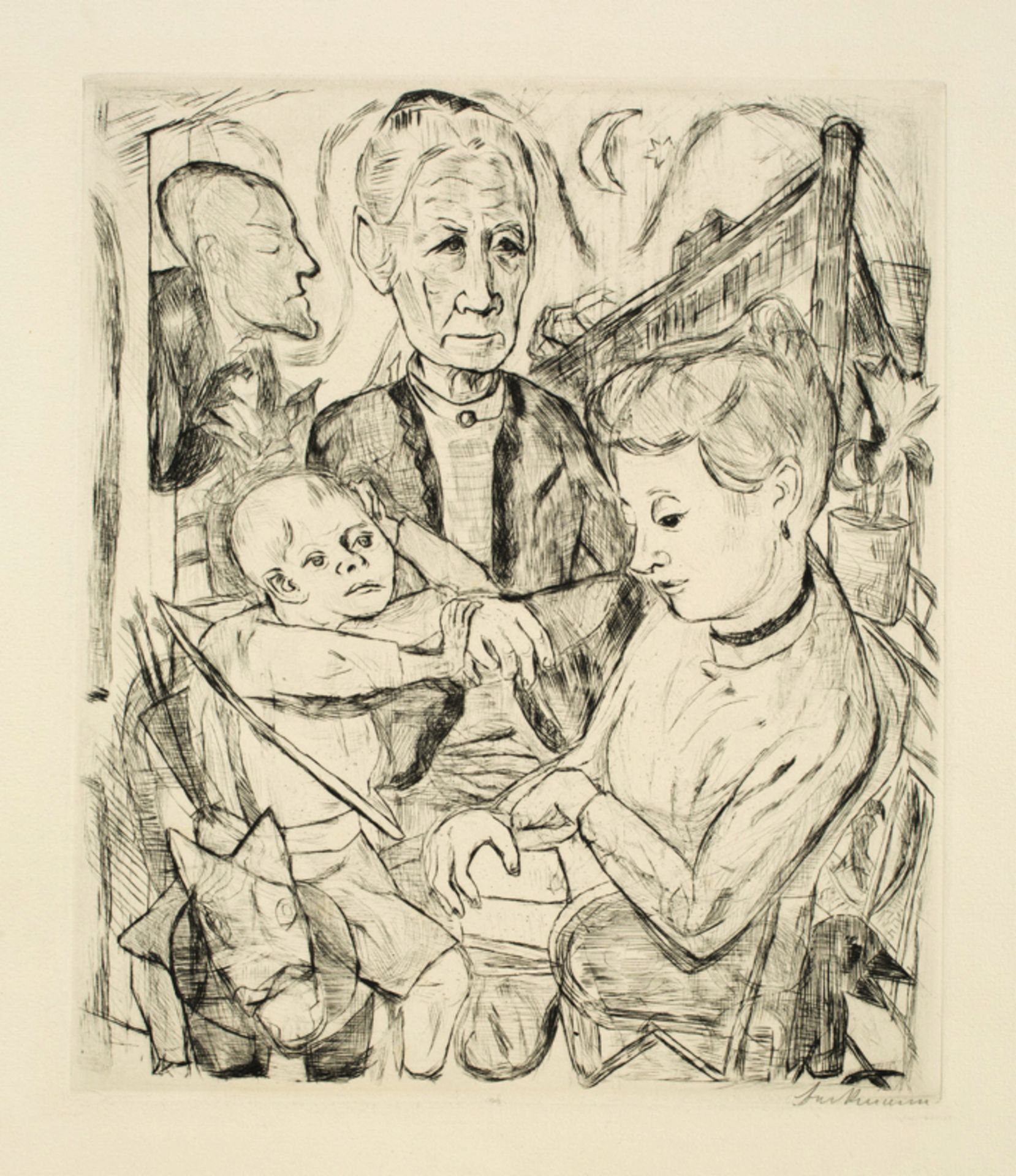 Max Beckmann (Leipzig 1884 – 1950 New York)„FAMILIENSZENE (FAMILIE BECKMANN)“. 1918Kaltnadel auf