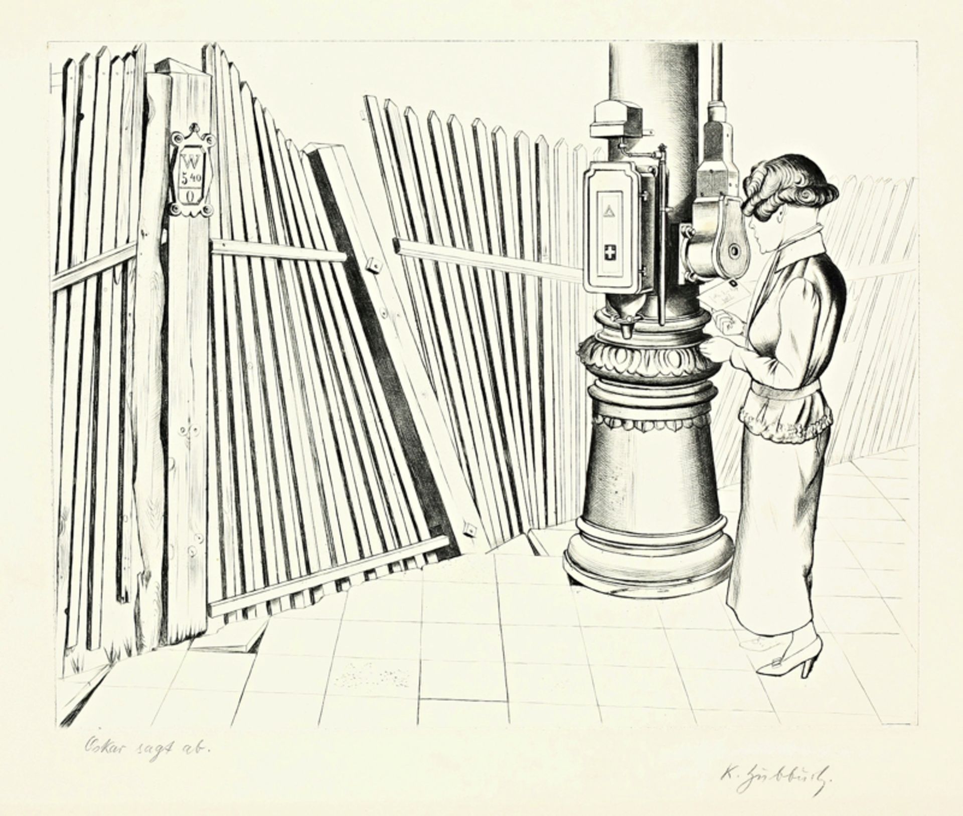 Karl Hubbuch (1891 – Karlsruhe – 1979)„DER BRIEF“ („OSKAR SAGT AB“). 1924Kaltnadel auf Velin.  24,