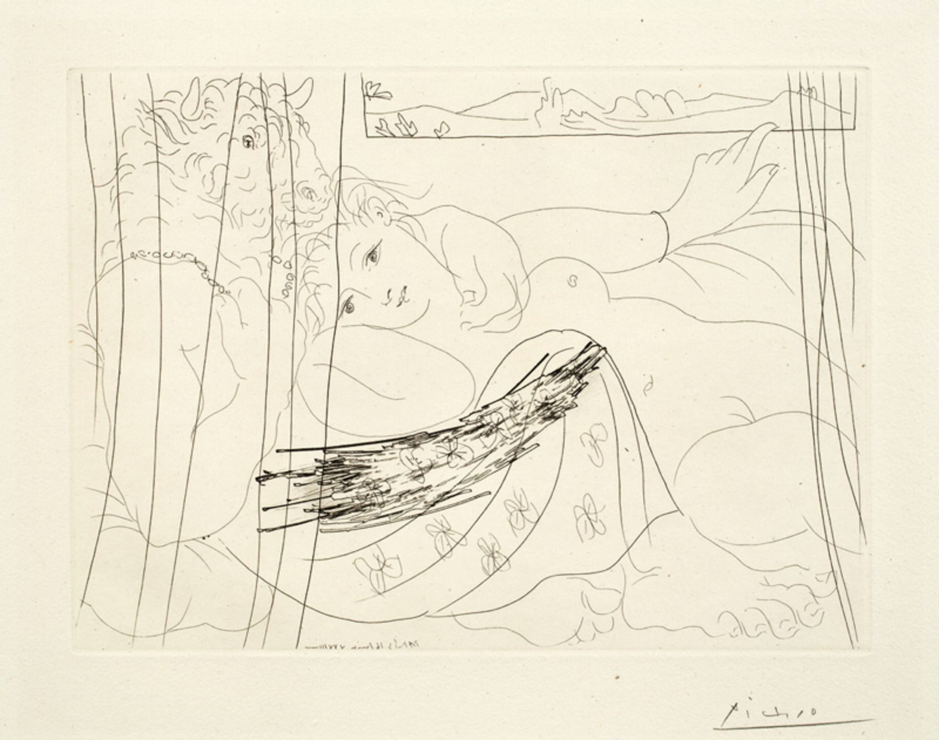 Pablo Picasso (Málaga 1881 – 1973 Mougins)„MINOTAURE ET JEUNE FEMME ENLACÉS RÊVANT SOUS UNE