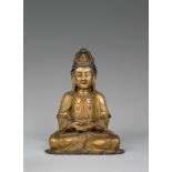 Chinesisch, Ming-Dynastie (1368 – 1644)MEDITIERENDE GUANYIN. 1. Hälfte 17. JahrhundertBronze,