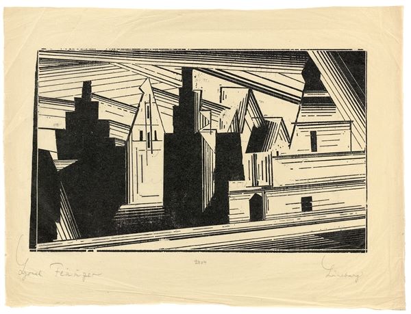 Lyonel Feininger (1871 New York – 1956 New York)„Die Giebel in Lüneburg“. 1924Holzschnitt auf dünnem