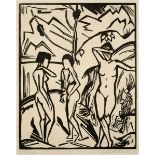 Erich Heckel (1883 Döbeln – 1970 Radolfzell am Bodensee) „Drei Frauen am Wasser“. 1923 Holzschnitt