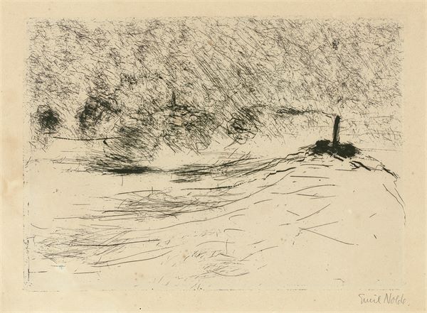 Emil Nolde (1867 Nolde – 1956 Seebüll)„Dampfer“. 1910Strichätzung und Kaltnadel auf Velin.  19,9 ×