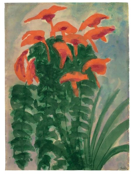 Emil Nolde (1867 Nolde – 1956 Seebüll)„Lilien“. Um 1925/30. Aquarell auf Japanbütten.  47,5 × 35,3