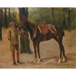 Max Liebermann (1847 Berlin – 1935 Berlin)„Reitknecht mit Pferd“. 1912Öl auf Leinwand.  59 × 71 cm (
