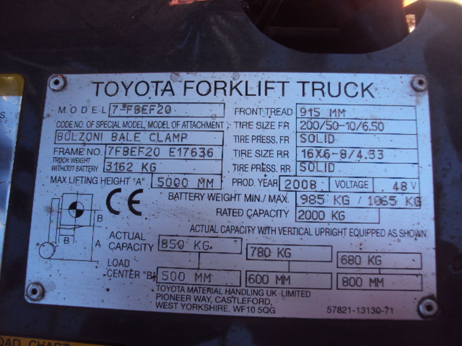 2008 TOYOTA FBEF20 2t battery driven forklift truck S/n: 7FBEF20E17636 with free-lift triplex - Image 5 of 9