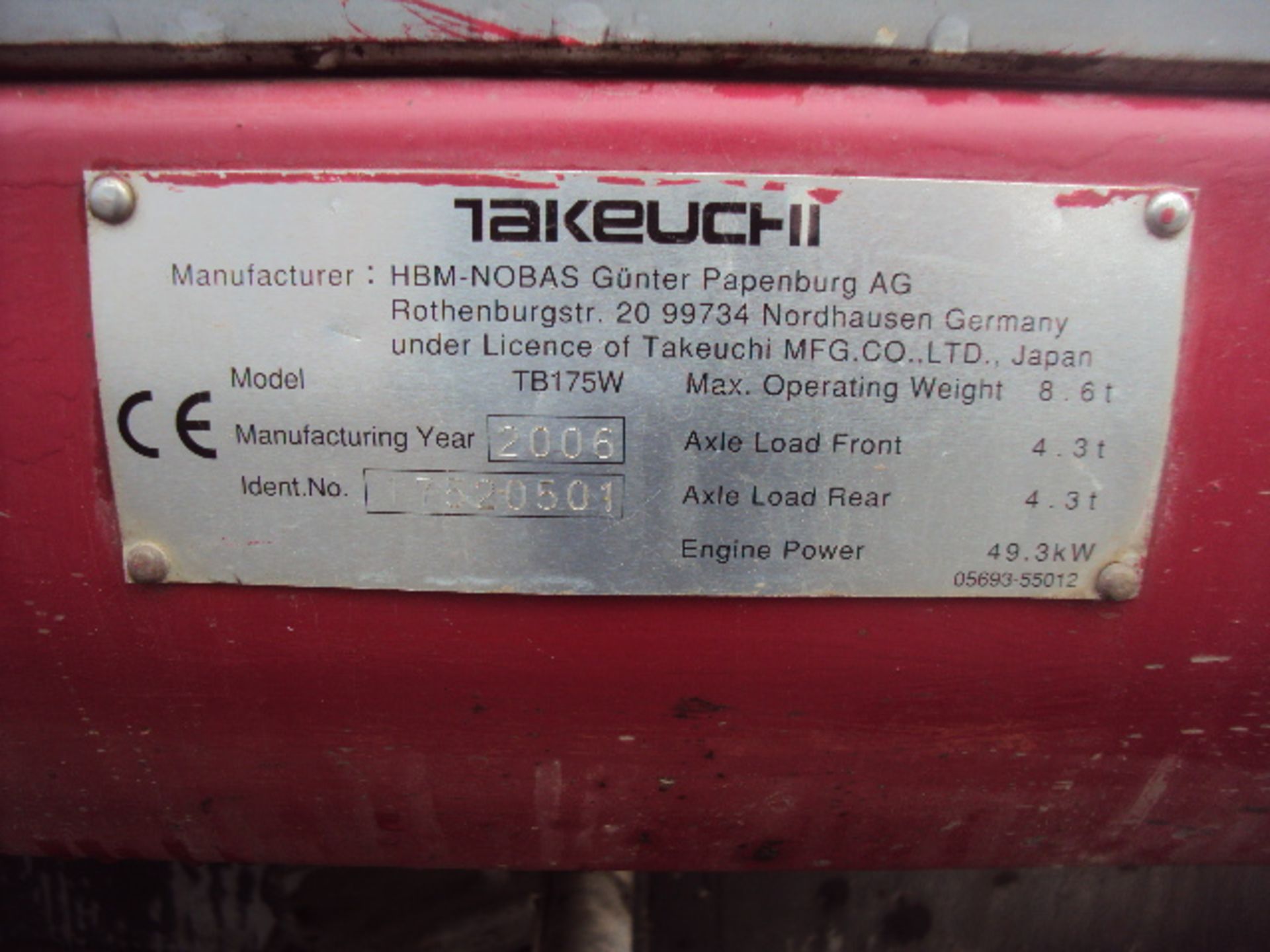 2006 TAKEUCHI TB175W 7.5t wheeled excavator S/n: 1752051 (RG: MV06DWP with bucket, blade, Q/ - Image 5 of 8