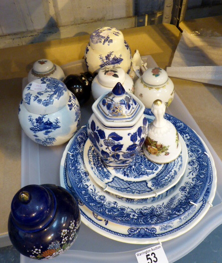 Tray of mixed blue and white ceramics