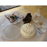 Tray of mixed ceramics and glass including two figurines
