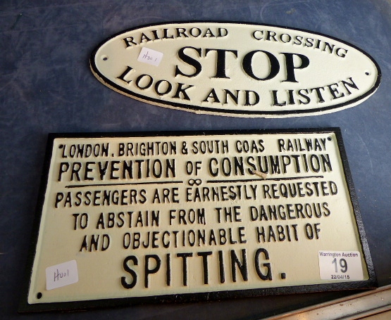 Pair of cast metal reproduction railway related signs