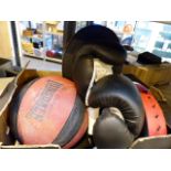 Box of sporting equipment including Pro Power boxing gloves