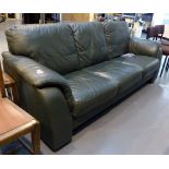 Green leather three seater settee