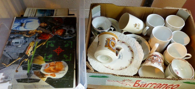 Box of good glass storage bottles and canisters and a box of ceramics including Lord Nelson Pottery