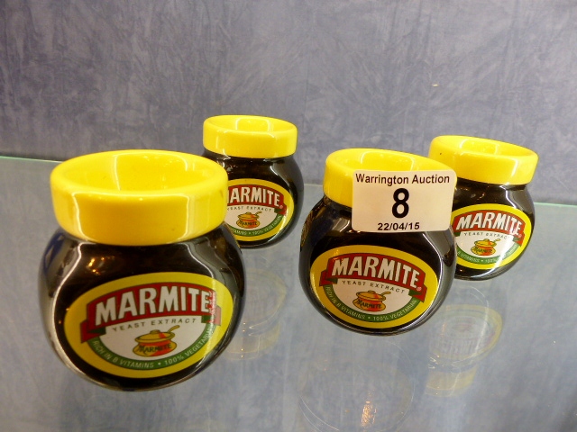 Four modern ceramic egg cup in style of Marmite jars