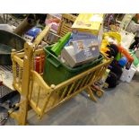 Large quantity of baby equipment including wooden rocking crib, toys, a car seat etc.