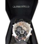 New boxed Globenfeld black faced multi dial stainless steel wristwatch, black and chrome strap.