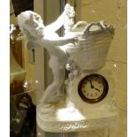 Bisque continental cherub vase with inset mechanical clock