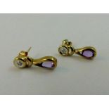 9 ct gold pear cut amethyst and diamond earrings