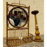 Victorian bamboo mirror and shelf and a turned wood freestanding ashtray