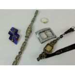 Marcasite ladies wristwatches, two ladies enamelled buckles, one hallmarked silver,